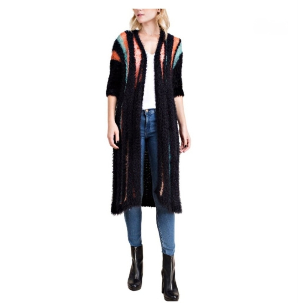 VOCAL 3/4 Sleeve Open Front Fuzzy Knit Black Cardigan Sweater Duster S-XL NWT